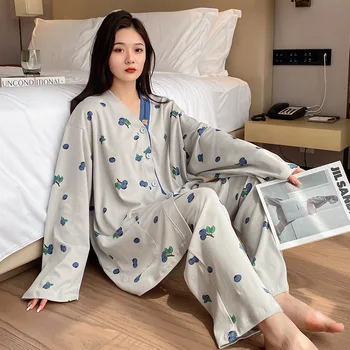 Плюс Размер 5XL Пижамные Комплекты Женские 100% Хлопок Японские Простые Пижамы С V-образным вырезом И Принтом С Длинным Рукавом, Повседневная Женская Пижама