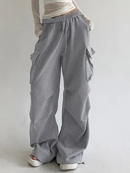 Женские мешковатые брюки-карго, однотонные брюки-парашюты с высокой талией, спортивные штаны с рюшами и карманами с клапанами