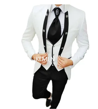 2024 Мужской костюм, Белый пиджак, комплект из 3 предметов, куртка, Брюки, жилет, Официальный свадебный смокинг Жениха, мужской костюм на заказ