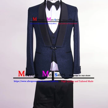 Приталенный мужской костюм, блестящая куртка + жилет + брюки, костюм жениха из 3 предметов, смокинг Темно-синего цвета, блестящие свадебные костюмы для мужчин, костюм Homme Mariage