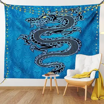 Японский гобелен с драконом, черный дракон на синем племенном фоне, искусство на тему Года дракона, настенное украшение для спальни