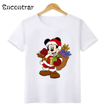 Детская футболка Disney С Рождеством, Одежда для девочек с принтом Микки и Минни Санта, Футболка для маленьких мальчиков, Забавная детская одежда, HKP5825