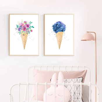 Плакаты с изображением рожка мороженого на холсте, живопись Акварелью, Сине-фиолетовый Букет, Летние Настенные рисунки, декор детской комнаты