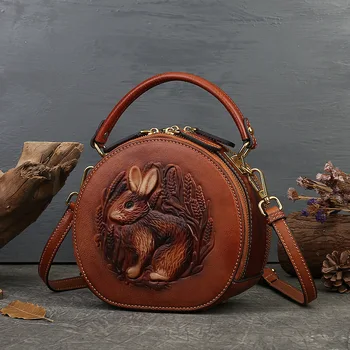 Сумка с тиснением кролика, кожаная женская сумка в ретро-этническом стиле, маленькая круглая сумка baotou из воловьей кожи с одним плечом, сумка через плечо