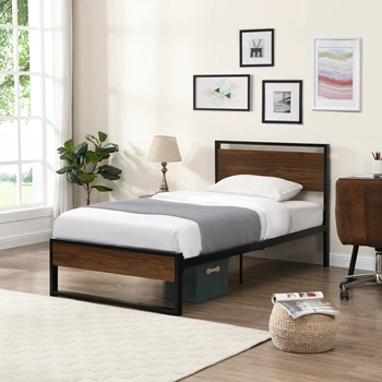 Каркас односпальной кровати с деревянным изголовьем и изножьем, металлический каркас кровати-платформы с местом для хранения, пружинный блок не требуется
