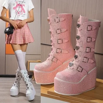 Женские сапоги в стиле панк с блестками, женские высокие сапоги для косплея, Комфортные сапоги с длинными рукавами, Розовая Женская обувь на платформе и высокой танкетке, Готические сапоги