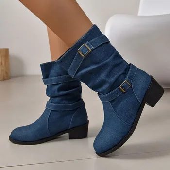 Обувь для женщин, Горячая распродажа 2023, Женские ботинки без застежки, осенние однотонные джинсовые ботинки с круглым носком, лаконичные Римские сапоги на коротком бочкообразном массивном каблуке