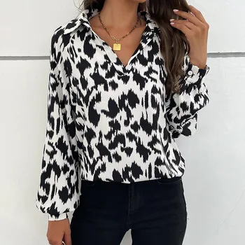 Осенняя рубашка 2023 с лацканами и длинным рукавом, рубашка с леопардовым дизайном, женская повседневная женская рубашка с V-образным вырезом, блузка, Белые Черные рубашки