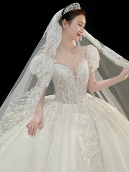 Роскошное изысканное свадебное платье Bling-bling, милое платье принцессы с пышными рукавами, сексуальное свадебное платье для новобрачных с глубоким V-образным вырезом, Vestido
