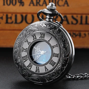 Черные Персонализированные карманные кварцевые часы в римской шкале с синим циферблатом Звездного неба, подвеска на цепочке для часов, подарок для мужчин, женщин, друзей