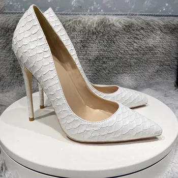 Белые женские туфли с эффектом крокодиловой кожи, сексуальный узор на шпильках 12 см, 10 см, 8 см, Женские туфли-лодочки с острым носком по индивидуальному заказу, Шикарные вечерние туфли