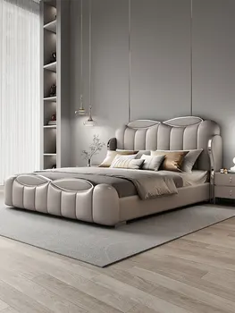 Легкая роскошная кожаная кровать в главной спальне, итальянский минимализм, 1,8-дюймовая двуспальная кровать класса люкс класса queen-size