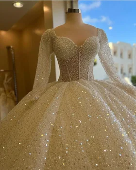 Сексуальное бальное платье с длинными рукавами в виде сердечка, Свадебное платье, Блестящие Изысканные свадебные платья с пайетками, жемчугом, бисером Для женщин 2024