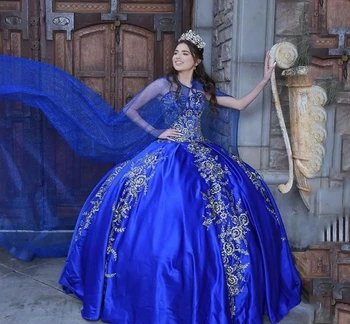 Любит Королевское Синее Пышное Платье 2024 Года С Золотыми Кружевными Аппликациями И Кристаллами С Шапочкой Princess Sweet 16 Vestidos De XV Anos 15thday рождения