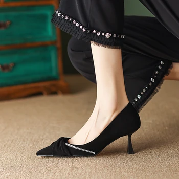 Роскошные женские туфли-лодочки с блестящими стразами, босоножки с бантом, женская новинка 2023 года, дизайнерская обувь, пикантные офисные тонкие туфли на высоком каблуке для вечеринок