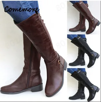 Comemore/ Женские рыцарские сапоги с пряжкой, женские армейские ботинки, женская обувь на низком каблуке, женские кожаные сапоги до колена на молнии больших размеров