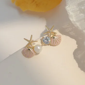 Милые Асимметричные серьги-гвоздики с розовым цирконом и жемчугом для женщин, Темпераментные серьги с кристаллами в виде ракушки морской звезды, ювелирные аксессуары