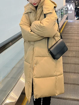 Женские куртки Нового однотонного цвета Осеннезимняя мода с капюшоном Корейская версия Длинные пальто Парки для поездок на работу Женская одежда