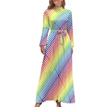 Красочное платье в горошек с высокой талией, пляжные платья с абстрактной радужной графикой, модное длинное платье Макси Cute Vestidos