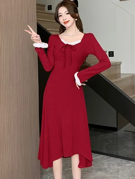 Осенне-Зимнее Красное Трикотажное платье Миди с шикарным бантом и повязкой, Корейская мода, Женская одежда с воротником Suqare 2023, Корейские элегантные платья