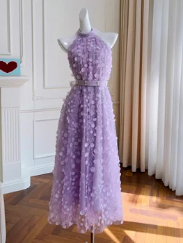 Женское длинное платье с фиолетовой вышивкой YIGELILA, элегантное вечернее платье с бантом на спине, шикарная бретелька длиной до щиколоток, 68068