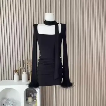 Женское Черное Готическое Вечернее Облегающее платье Трапециевидной формы в винтажном стиле Y2k 90-х, Роскошное Мини-платье с длинным рукавом, Цельные Платья, Одежда 2000-х