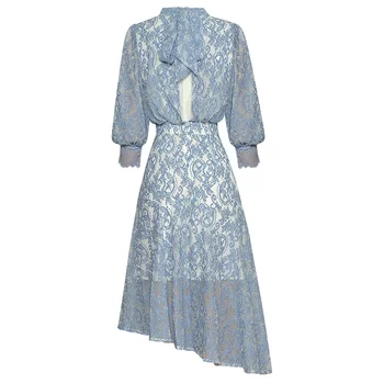 2023, Новая мода, Летнее женское платье с круглым вырезом и рукавами-фонариками, вышитое цветами неправильной формы синего цвета, Элегантное праздничное платье