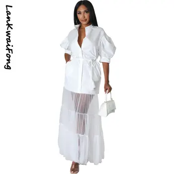 Элегантное модное платье LKF New Style Temperament Shirt из белой сетки с коротким рукавом, элегантное модное платье