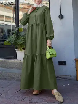 Мусульманские модные платья, женский осенний сарафан Макси, повседневный однотонный халат с длинным рукавом, ZANZEA, Элегантные Свободные платья IsIam Abaya, Vestido