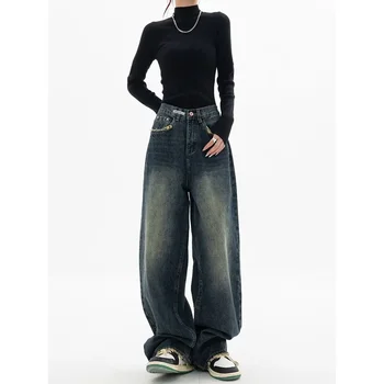 Женские винтажные джинсы с высокой талией в стиле Харадзюку, уличная одежда, ретро-мода, свободные Широкие Прямые джинсовые брюки, Брюки Y2K
