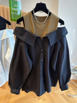 Дизайн с открытыми плечами Свободный жилет Сексуальная лоскутная рубашка с длинным рукавом Y2k Поддельный топ из двух частей Blusas Mujer Повседневная блузка Рубашки Пальто