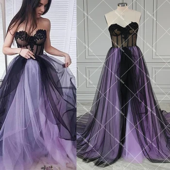 Милое двухцветное черно-фиолетовое свадебное платье на заказ, расшитое бисером, с аппликацией, без бретелек, Цветное тюлевое свадебное платье