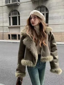 Новая женская куртка, замшевая короткая байкерская одежда, Корейские повседневные топы, зимние утепленные куртки в уличном стиле, теплые меховые пальто для женщин