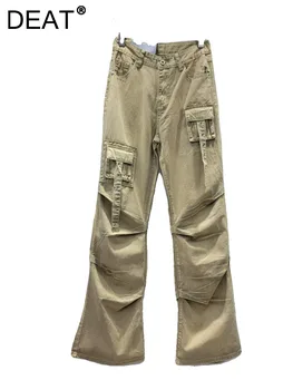 Модные женские джинсы с высокой талией, цветные, выстиранные, с множеством карманов, плиссированные брюки-карго из денима-клеш, Весенняя новинка 2024 года, 29L6451
