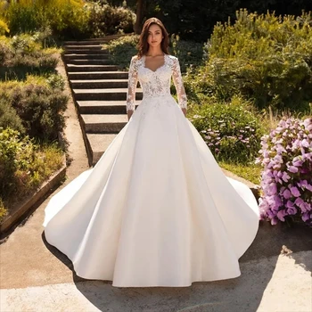 Элегантное атласное свадебное платье Lorencia с длинным рукавом 2024, свадебное платье трапециевидной формы с кружевной аппликацией, сексуальное платье невесты Vestido De Noiva YAW105
