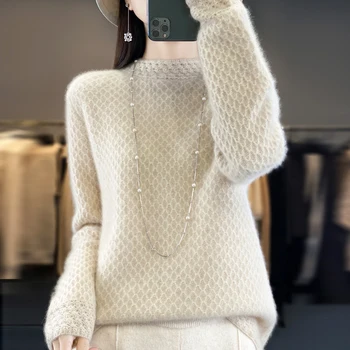 Новый вязаный свитер из 100% шерсти мериноса, осенне-зимний модный кружевной свитер с полувысоким воротником, свободный толстый свитер