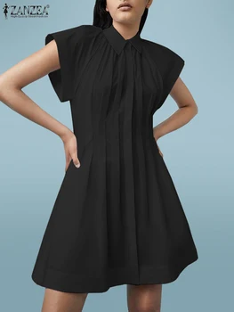 ZANZEA Женское повседневное платье-рубашка, элегантное платье с отложным воротником, модное уличное платье, плиссированное летнее мини-платье с коротким рукавом