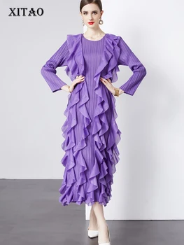 XITAO, Лоскутное платье с круглым вырезом, Плиссированный темперамент, Элегантное Свободное Однотонное платье Advanced Sense, Женское Новое платье DMJ3992