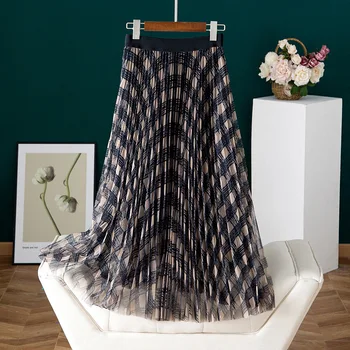 Модная Корейская женская юбка в клетку из тюля в стиле ретро с высокой талией, плиссированная юбка-качели, женская юбка на весну-лето SR1243