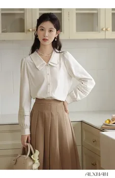 Осенняя однотонная женская рубашка с тонкой талией, французский стиль, V-образный вырез, длинный рукав, однобортные простые модные женские рубашки