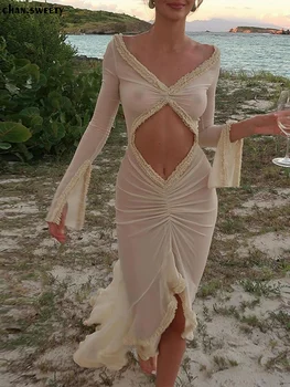 Сексуальное женское облегающее платье Макси с открытой спиной, шикарный халат для выпускного вечера с V-образным вырезом и длинным рукавом 2024, модные женские вечерние пляжные платья
