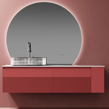 Дубовый минималистичный шкаф для ванной комнаты с комбинированной каменной панелью и встроенным умывальником для ванной комнаты