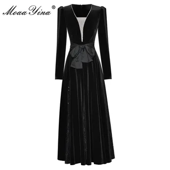 Модное дизайнерское весеннее платье MoaaYina, женское платье с V-образным вырезом и длинным рукавом, расшитое бисером, сетчатое платье в стиле пэчворк, черное бархатное вечернее платье