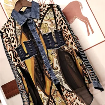 Модная блузка, женская джинсовая лоскутная Леопардовая шифоновая рубашка, блузка с длинным рукавом, женские рубашки, Блузы, уличная одежда, Корейский топ mujer