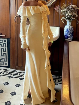 Женское Облегающее трикотажное платье с открытыми плечами и длинным рукавом, повседневное Однотонное платье с рюшами, Приталенное платье Макси, вечернее платье
