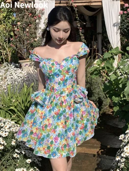 Aoi Платье-камзол с цветочным рисунком во французском стиле 2023, Женская весенне-летняя пляжная одежда Y2k для отдыха на море, пышная юбка принцессы