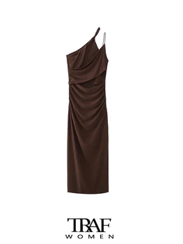 TRAF Женская мода С вырезами, Плиссированное приталенное платье миди, Сексуальные асимметричные бретельки на шее, женские платья Vestidos Mujer
