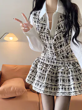 Костюм с плиссированной юбкой в клетку LEDP, рубашка, Винтажный женский осенний короткий костюм Корейской академии, шикарная простая мини-юбка трапециевидной формы, комплект из 3 предметов