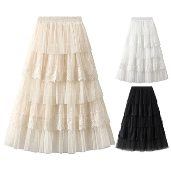 Женская юбка длины миди свободного кроя с высокой талией трапециевидной формы, многоуровневая тюлевая юбка для торта с цветочной вышивкой для вечеринки в клубе