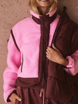 Женская модная короткая флисовая верхняя одежда на молнии, повседневная куртка с воротником-стойкой Y2K, зимнее теплое пальто в стиле пэчворк